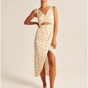 Abercrombie Cinch Front Satin Midi Dress in Ivory Yellow Floral Size Large Petit